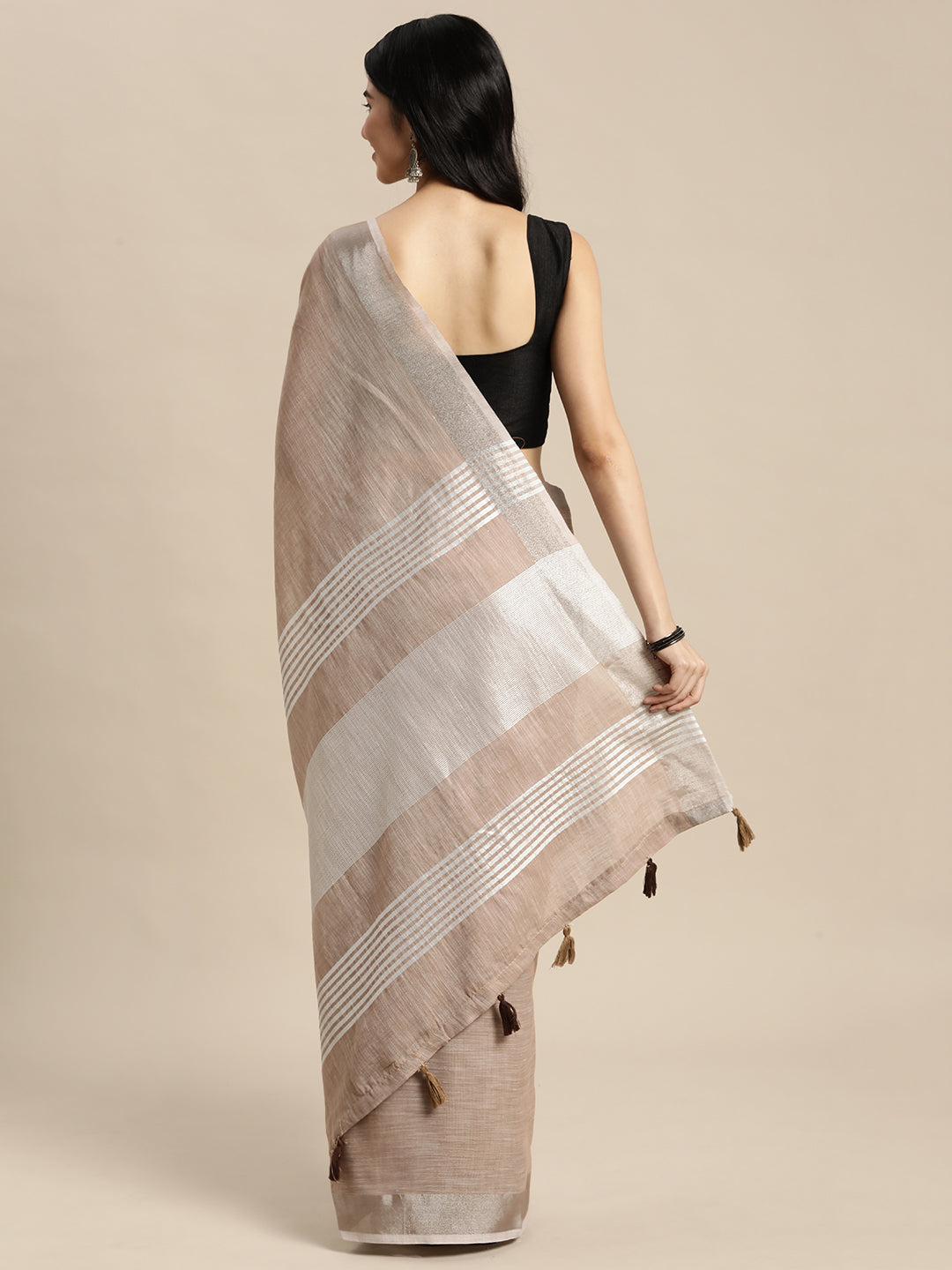 Sutriti taupe beige tissue silk silver stripe border wedding saree silver stripe collection