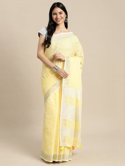Sutriti pastel yellow tissue silk silver stripe border wedding saree silver stripe collection