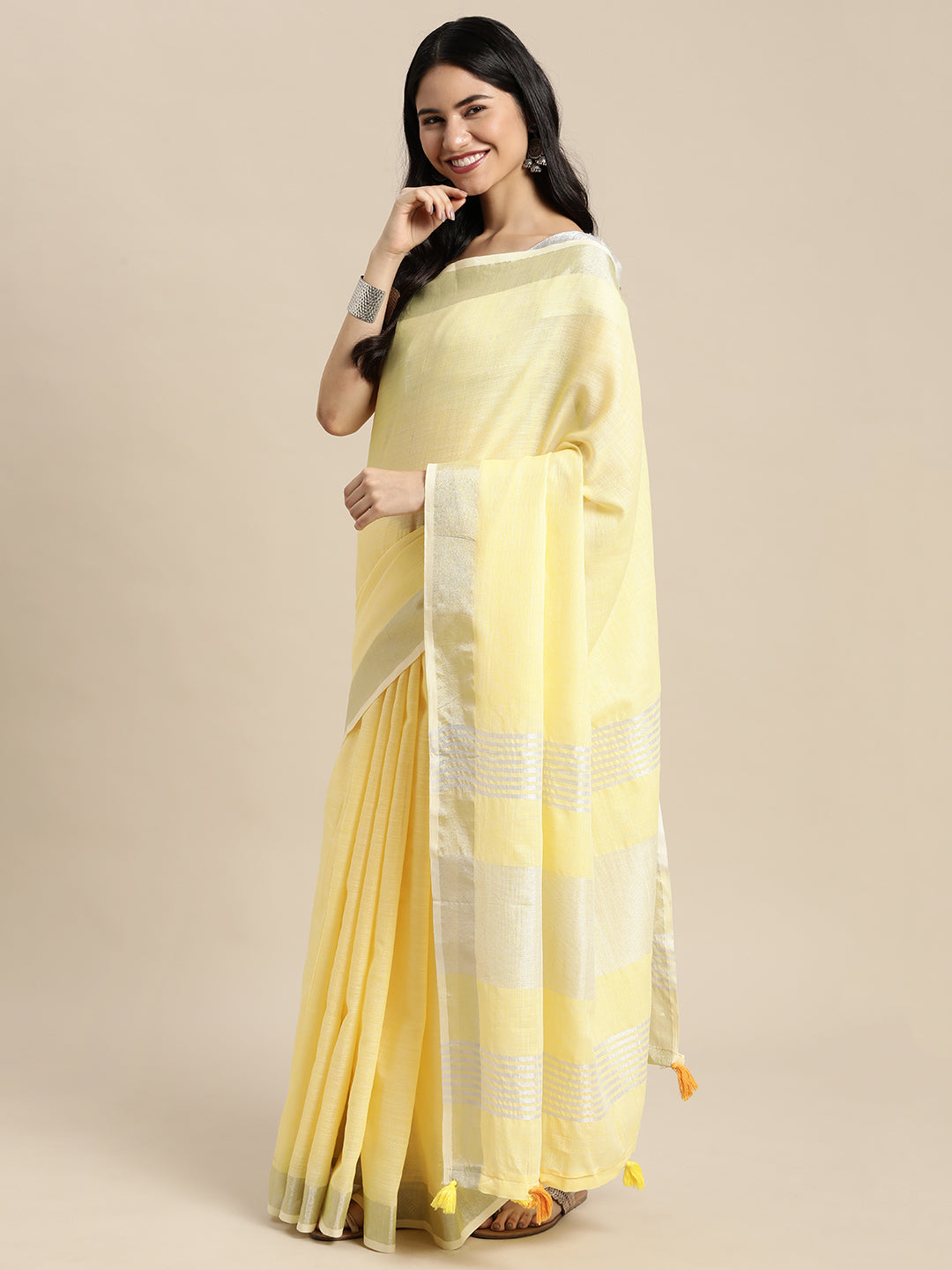 Sutriti pastel yellow tissue silk silver stripe border wedding saree silver stripe collection