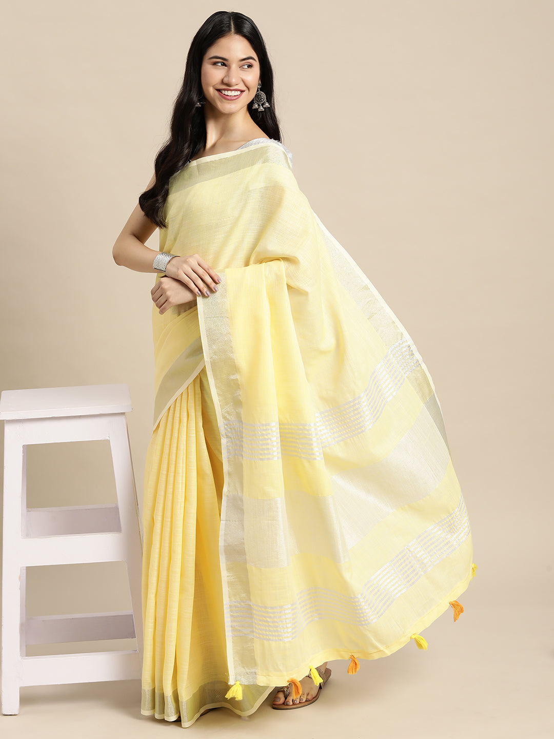 Sutriti pastel yellow tissue silk silver stripe border wedding saree silver stripe collection
