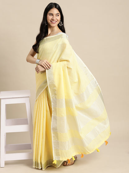 Sutriti pastel yellow tissue silk silver stripe border wedding saree silver stripe collection