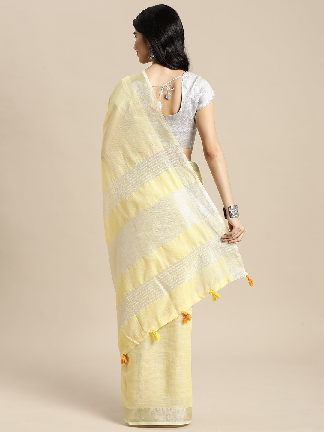 Sutriti pastel yellow tissue silk silver stripe border wedding saree silver stripe collection