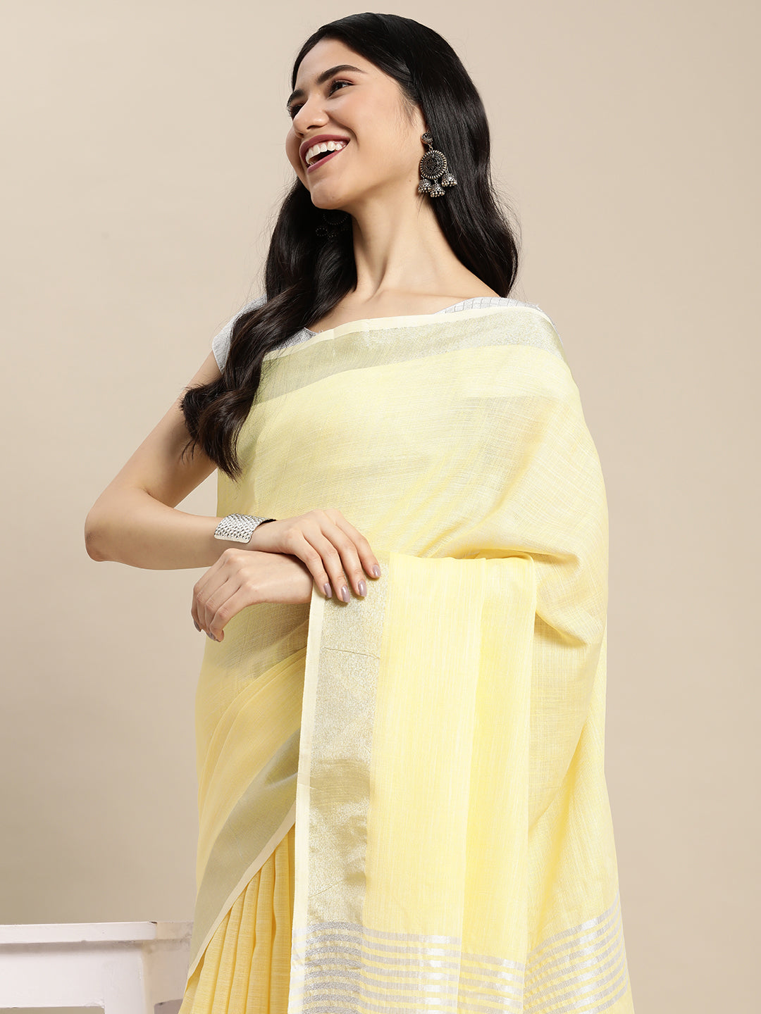 Sutriti pastel yellow tissue silk silver stripe border wedding saree silver stripe collection