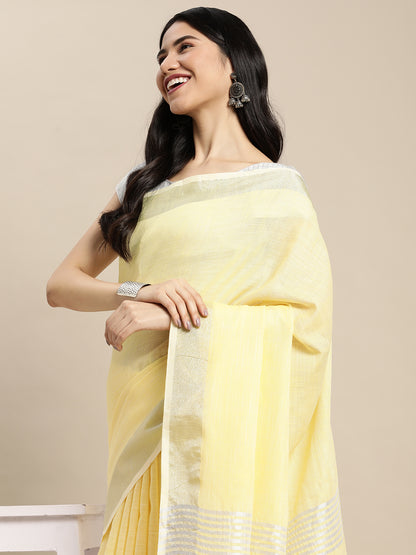 Sutriti pastel yellow tissue silk silver stripe border wedding saree silver stripe collection