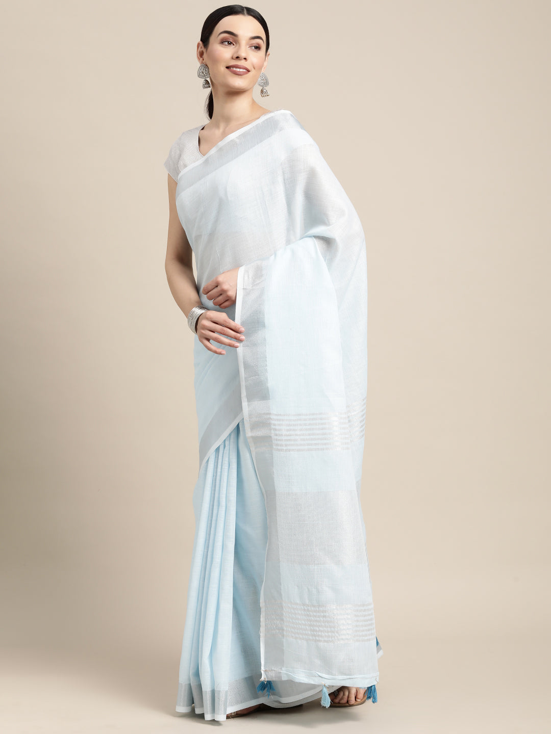 Sutriti powder blue tissue silk silver stripe border wedding saree silver stripe collection