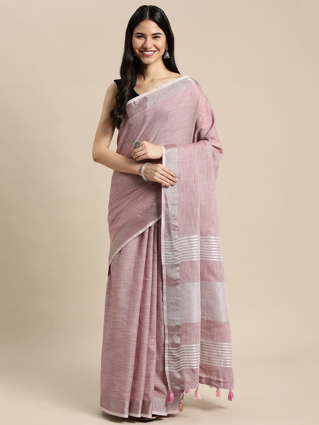 Sutriti dusty mauve tissue silk silver stripe border wedding saree silver stripe collection