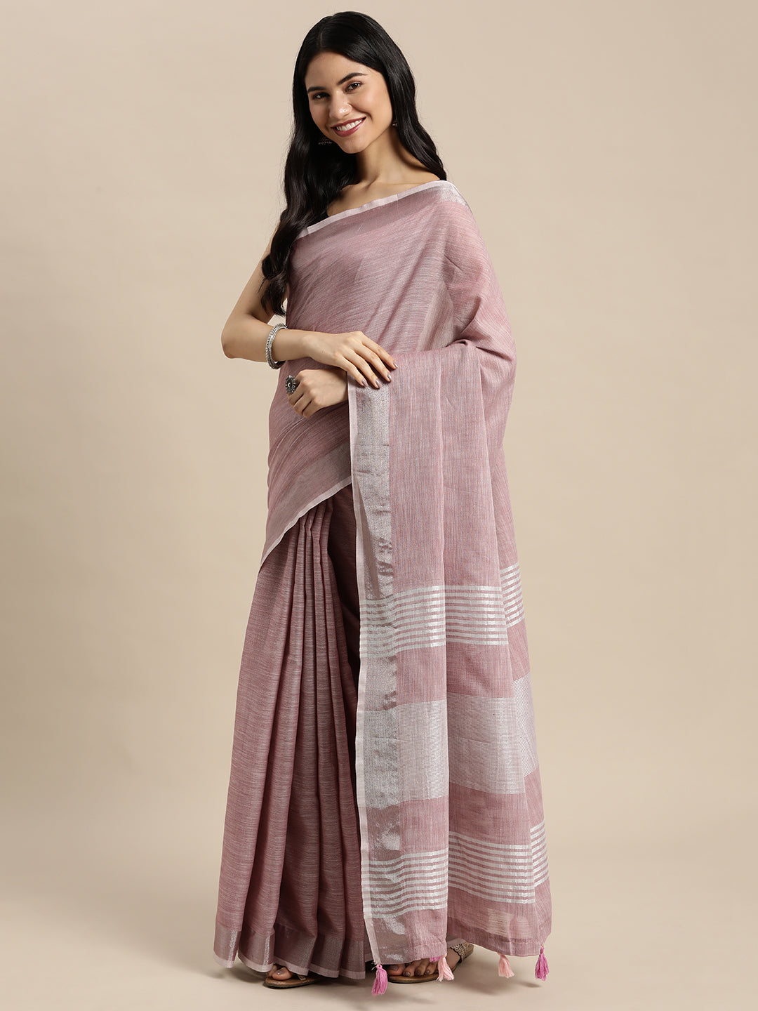 Sutriti dusty mauve tissue silk silver stripe border wedding saree silver stripe collection