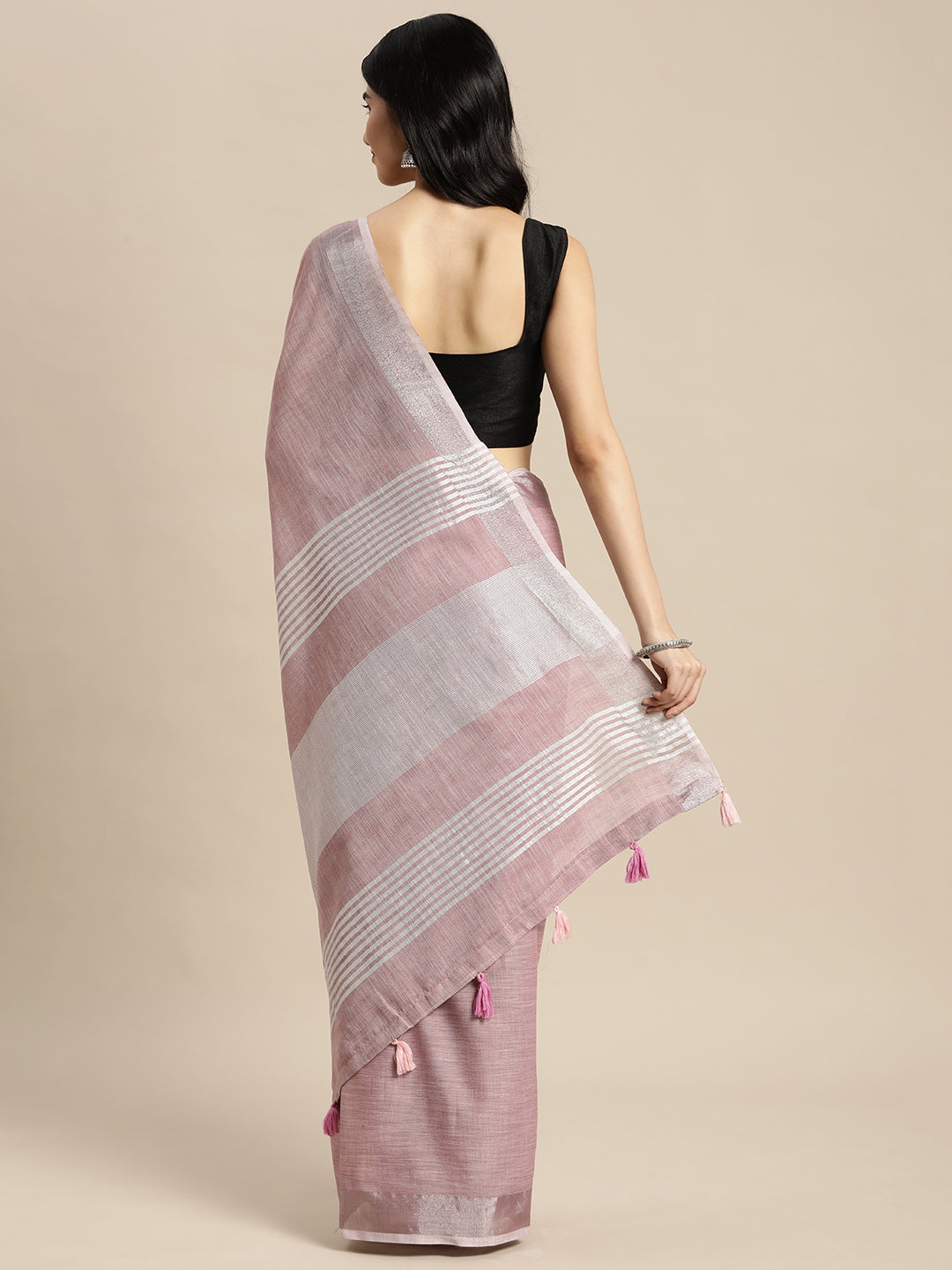 Sutriti dusty mauve tissue silk silver stripe border wedding saree silver stripe collection
