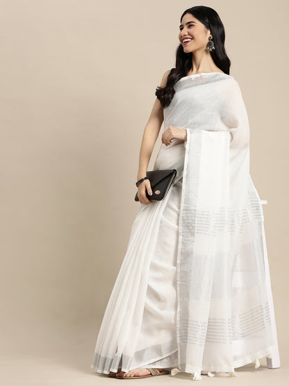Sutriti white tissue silk silver stripe border wedding saree silver stripe collection
