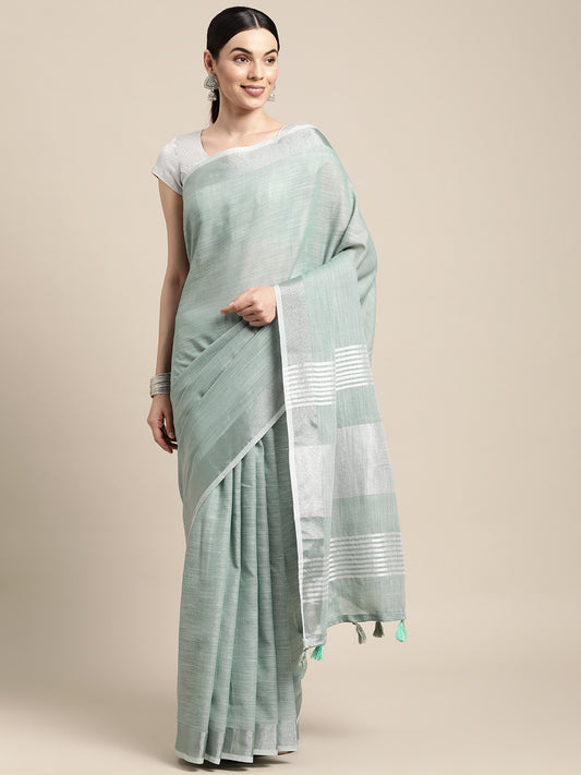 Sutriti Elegant Sea Green Woven Linen Saree with Contrast Zari Border & Tassels – Soft & Breathable Party Wear