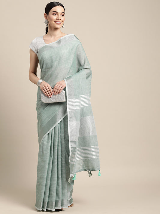 Sutriti Elegant Sea Green Woven Linen Saree with Contrast Zari Border & Tassels – Soft & Breathable Party Wear