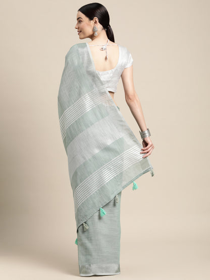 Sutriti Elegant Sea Green Woven Linen Saree with Contrast Zari Border & Tassels – Soft & Breathable Party Wear