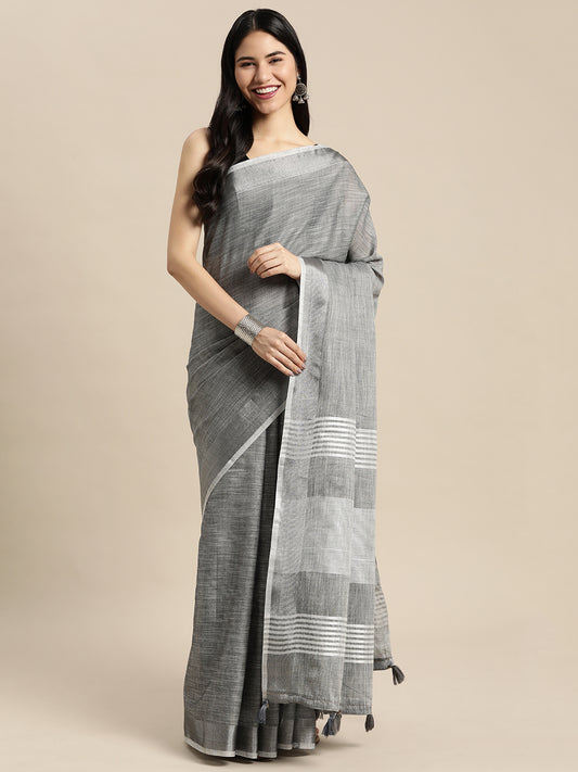 Sutriti charcoal grey tissue silk silver stripe border wedding saree silver stripe collection