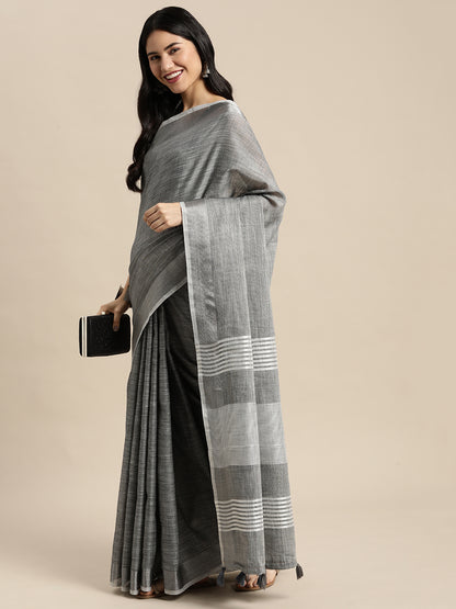 Sutriti charcoal grey tissue silk silver stripe border wedding saree silver stripe collection