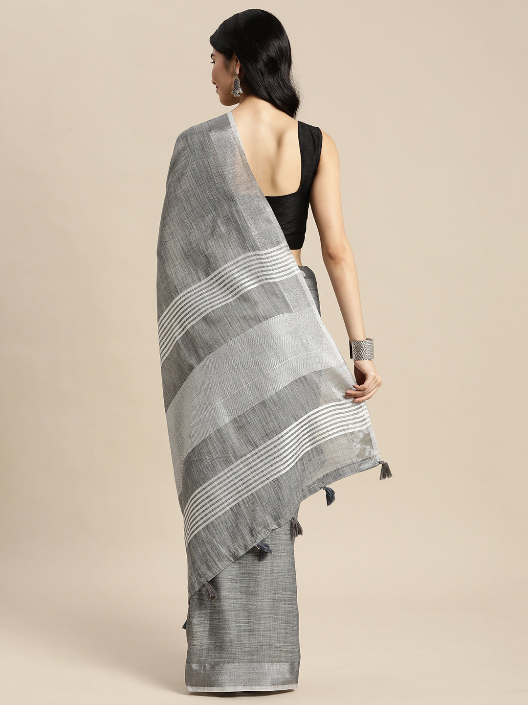 Sutriti charcoal grey tissue silk silver stripe border wedding saree silver stripe collection