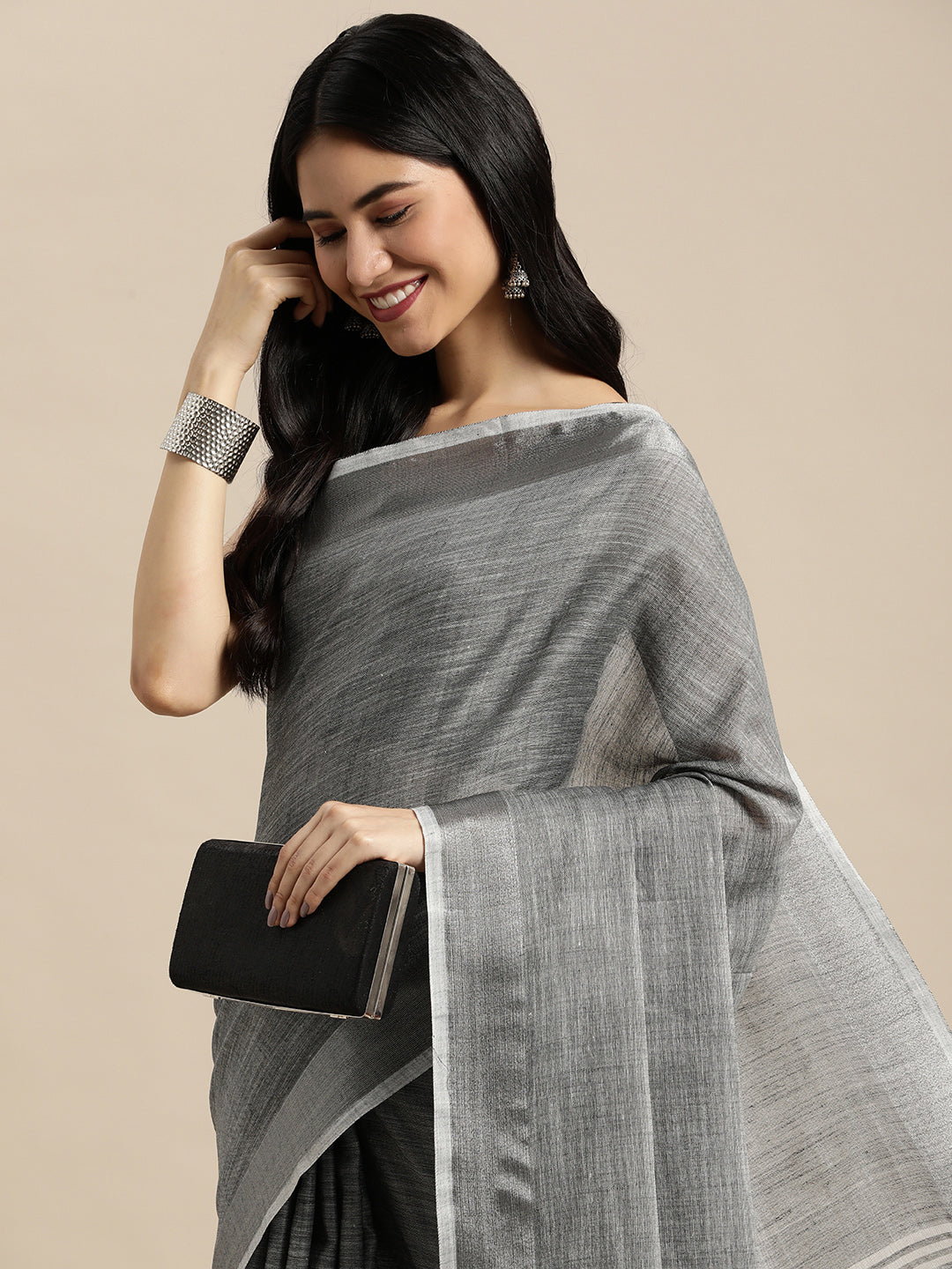 Sutriti charcoal grey tissue silk silver stripe border wedding saree silver stripe collection