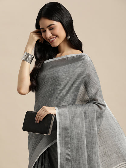 Sutriti charcoal grey tissue silk silver stripe border wedding saree silver stripe collection