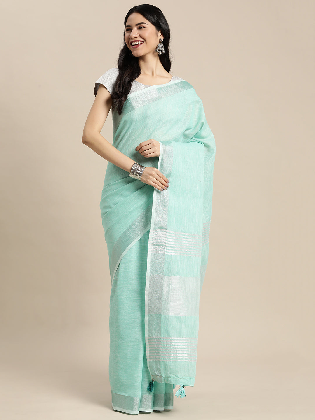 Sutriti mint aqua tissue silk silver stripe border wedding saree silver stripe collection