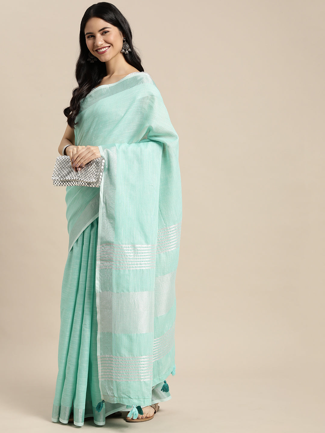 Sutriti mint aqua tissue silk silver stripe border wedding saree silver stripe collection