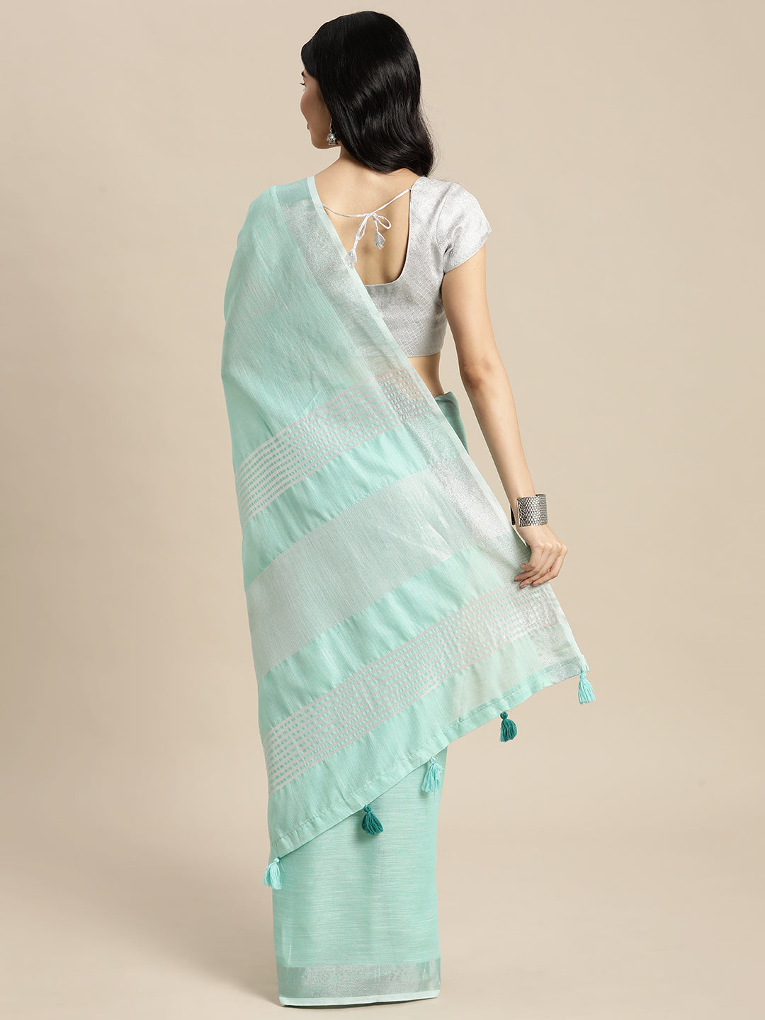Sutriti mint aqua tissue silk silver stripe border wedding saree silver stripe collection