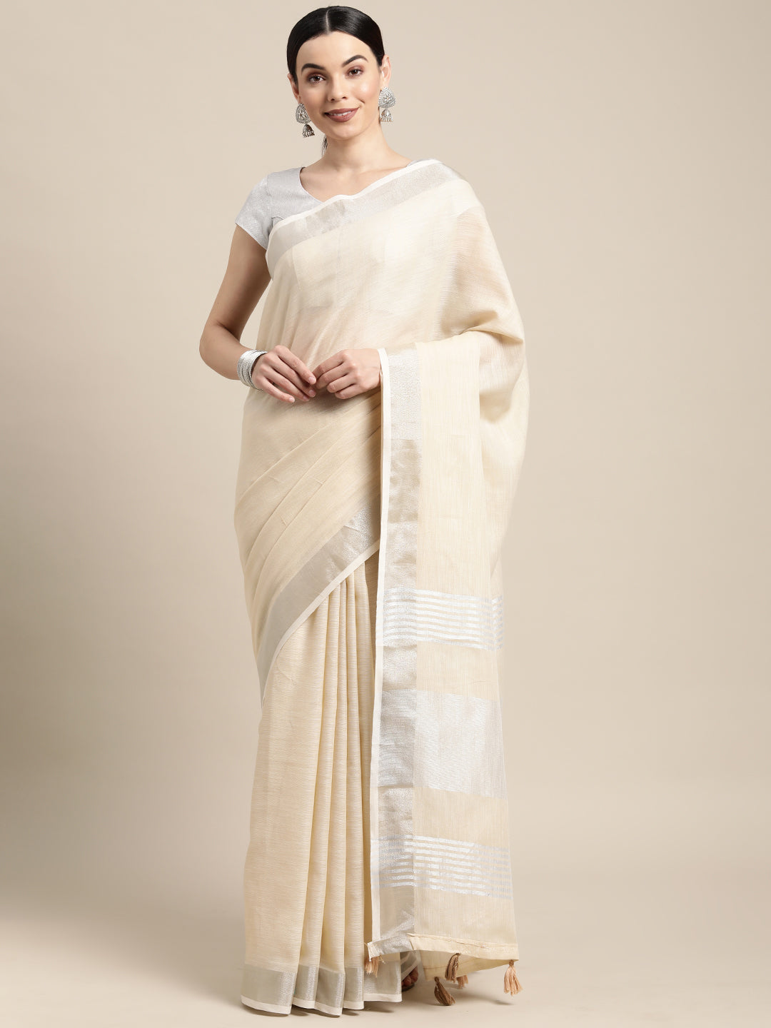 Sutriti ivory cream tissue silk silver stripe border wedding saree silver stripe collection