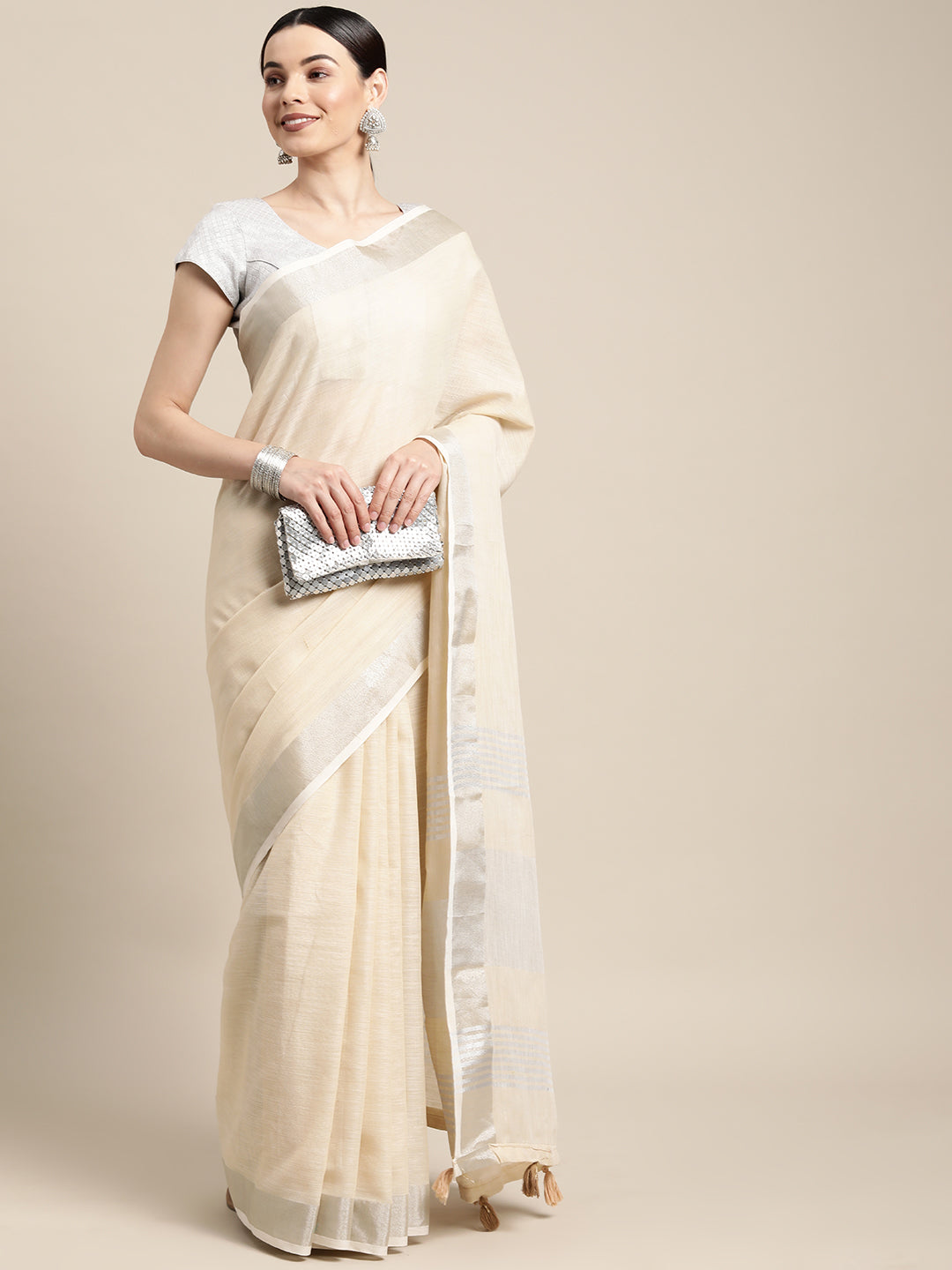 Sutriti ivory cream tissue silk silver stripe border wedding saree silver stripe collection