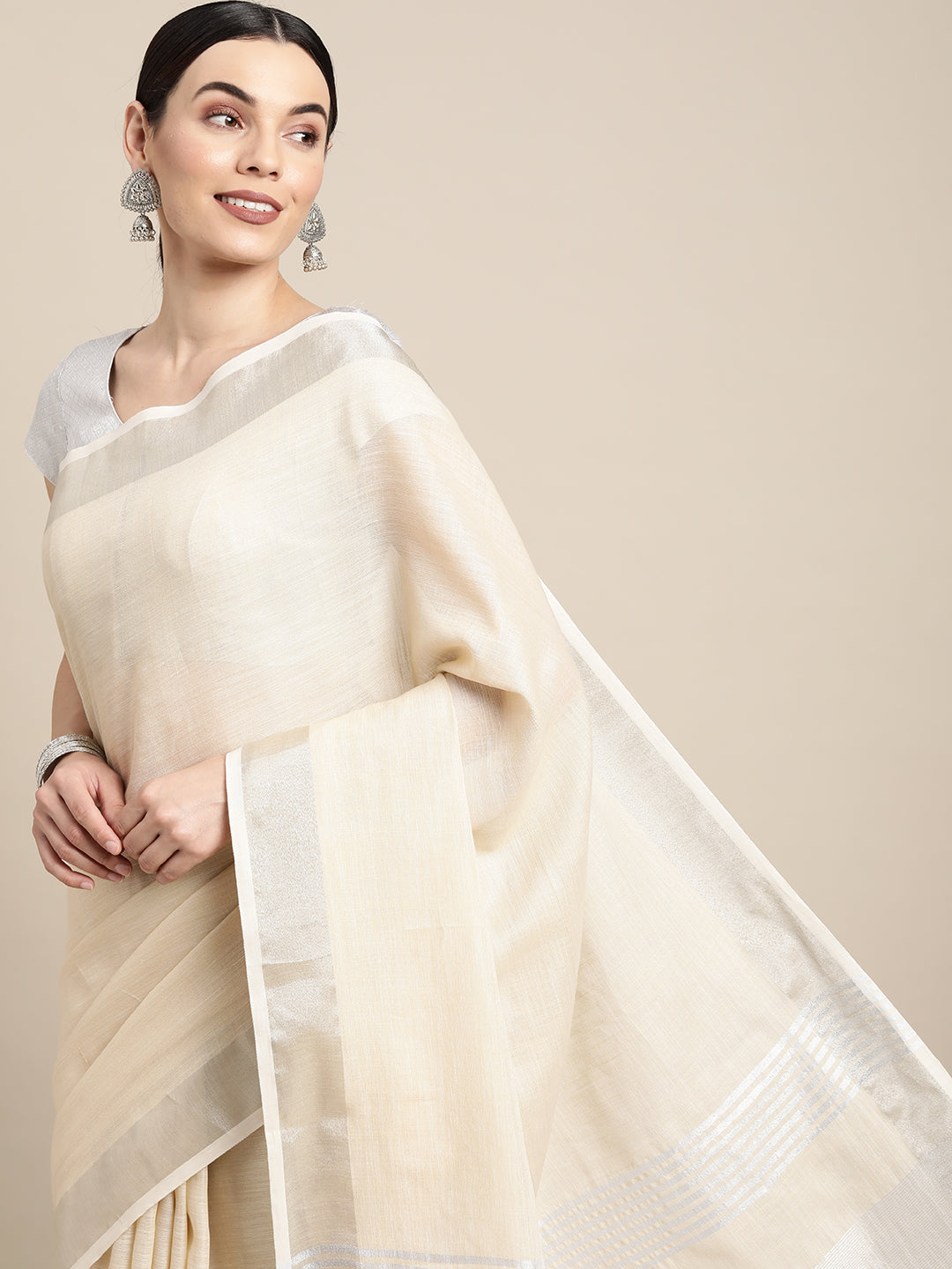 Sutriti ivory cream tissue silk silver stripe border wedding saree silver stripe collection