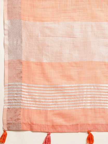 Sutriti Elegant Peach Woven Linen Saree with Contrast Zari Border & Tassels – Soft & Breathable Party Wear