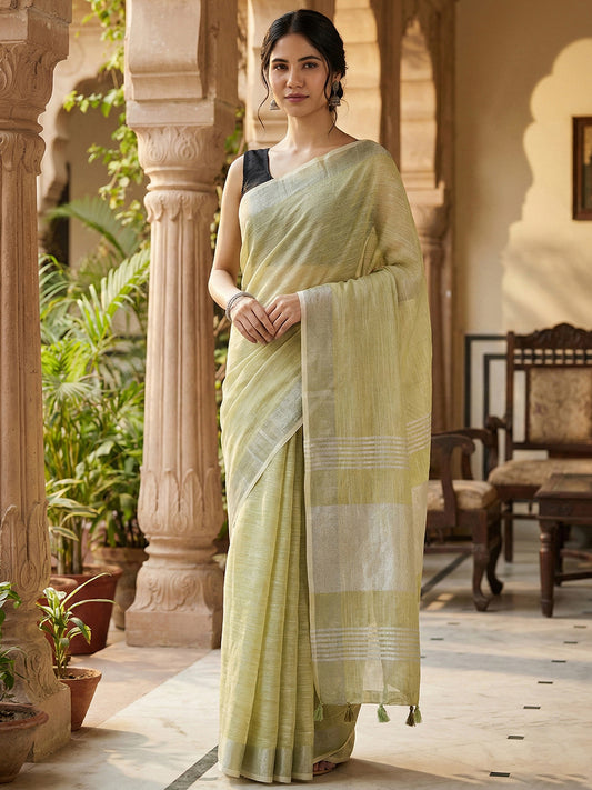 Sutriti Elegant Mhendi Woven Linen Saree with Contrast Zari Border & Tassels – Soft & Breathable Party Wear