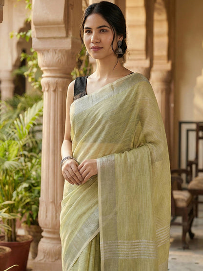 Sutriti Elegant Mhendi Woven Linen Saree with Contrast Zari Border & Tassels – Soft & Breathable Party Wear
