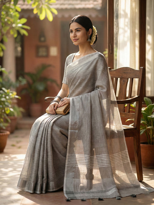 Sutriti Elegant Grey Woven Linen Saree with Contrast Zari Border & Tassels – Soft & Breathable Party Wear
