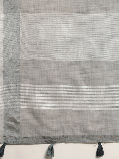 Sutriti Elegant Grey Woven Linen Saree with Contrast Zari Border & Tassels – Soft & Breathable Party Wear