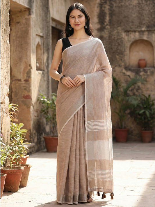 Sutriti Elegant Brown Woven Linen Saree with Contrast Zari Border & Tassels – Soft & Breathable Party Wear