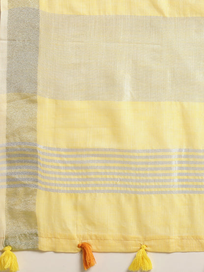 Sutriti Elegant Yellow Woven Linen Saree with Contrast Zari Border & Tassels – Soft & Breathable Party Wear