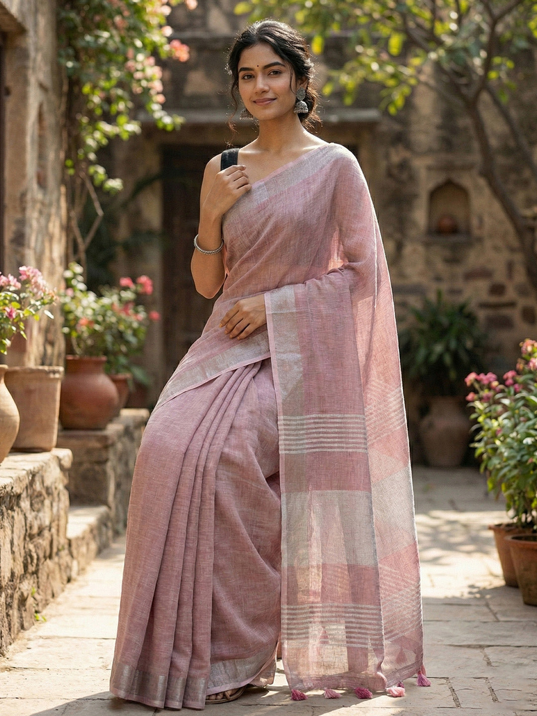 Sutriti Elegant Mauve Woven Linen Saree with Contrast Zari Border & Tassels – Soft & Breathable Party Wear