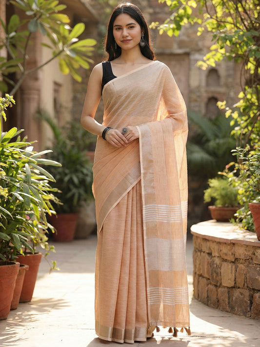 Sutriti Elegant Tan Woven Linen Saree with Contrast Zari Border & Tassels – Soft & Breathable Party Wear