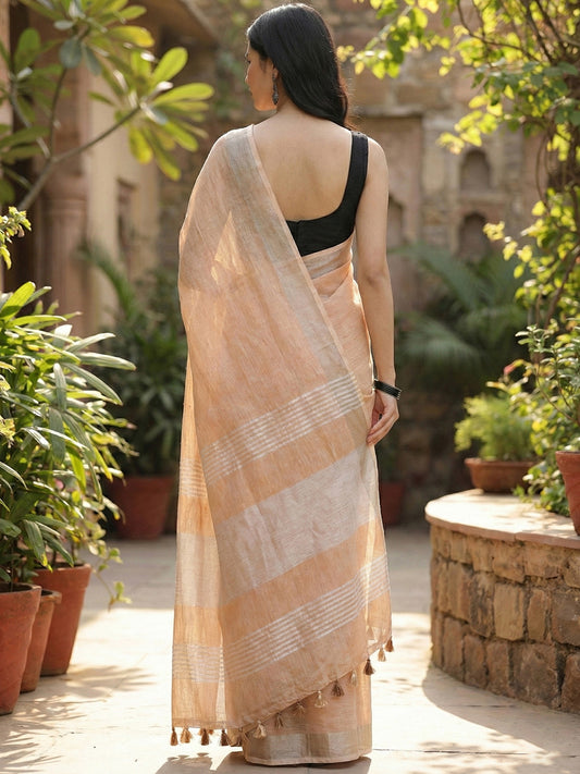 Sutriti Elegant Tan Woven Linen Saree with Contrast Zari Border & Tassels – Soft & Breathable Party Wear