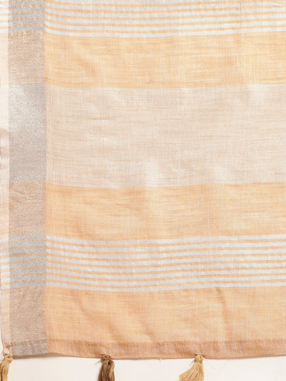 Sutriti Elegant Tan Woven Linen Saree with Contrast Zari Border & Tassels – Soft & Breathable Party Wear