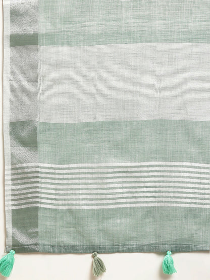 Sutriti Elegant Sea Green Woven Linen Saree with Contrast Zari Border & Tassels – Soft & Breathable Party Wear