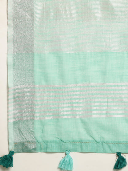 Sutriti Elegant Turquoise Woven Linen Saree with Contrast Zari Border & Tassels – Soft & Breathable Party Wear