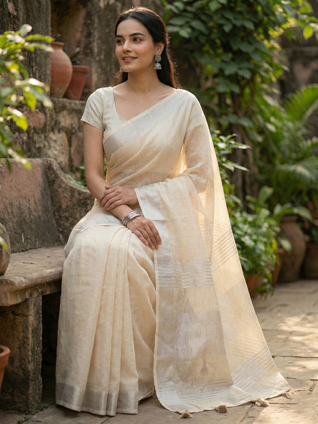 Sutriti Elegant Beige Woven Linen Saree with Contrast Zari Border & Tassels – Soft & Breathable Party Wear