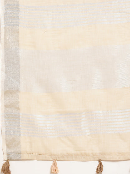 Sutriti Elegant Beige Woven Linen Saree with Contrast Zari Border & Tassels – Soft & Breathable Party Wear