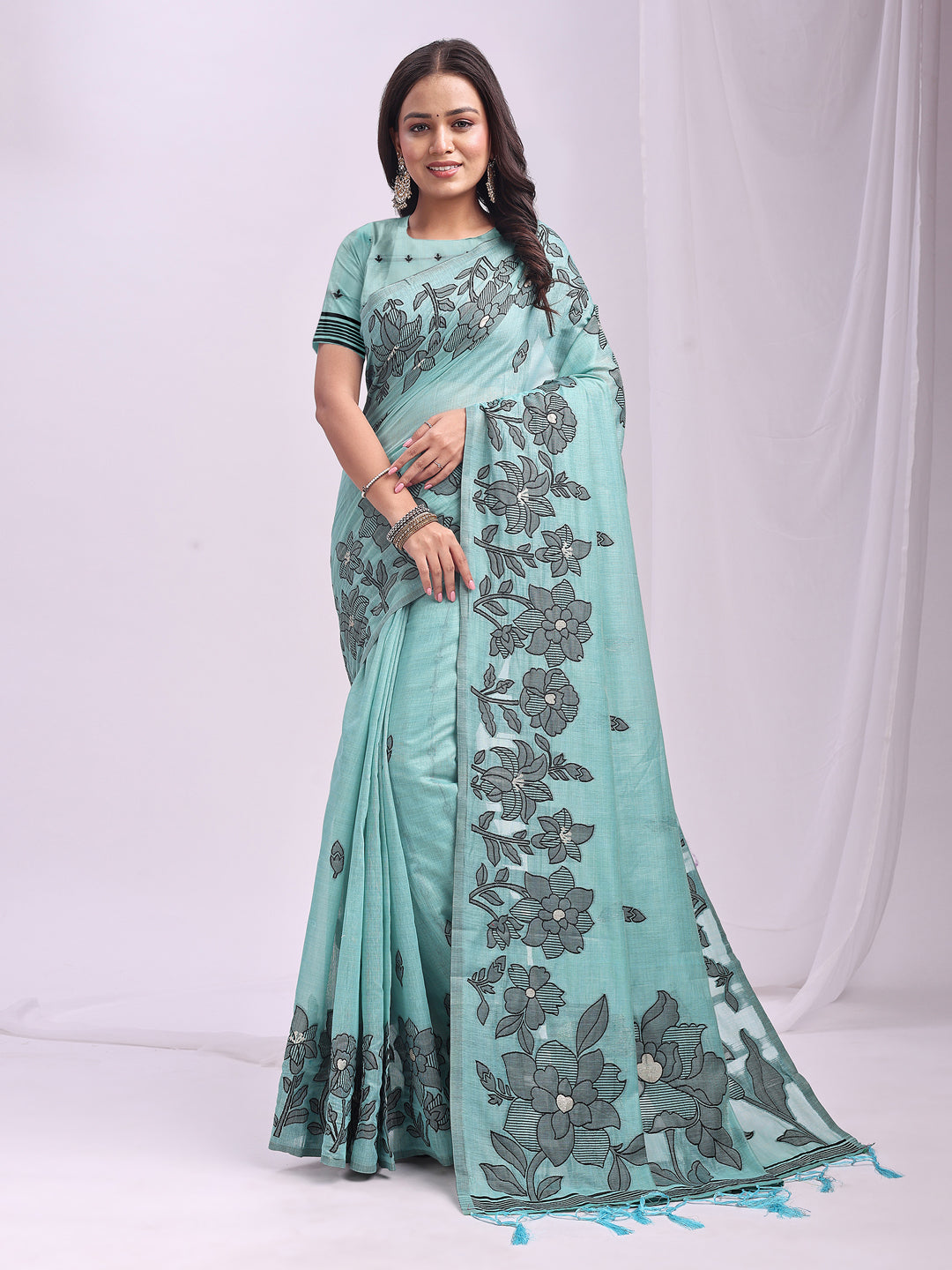 SUTRITI Sky Blue Floral Printed Saree for Women | Soft Lightweight Day-to-Night Saree | Elegant Border & Pallu Floral Design | Includes Unstitched Blouse Piece