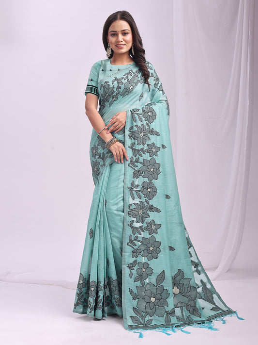 SUTRITI Sky Blue Floral Printed Saree for Women | Soft Lightweight Day-to-Night Saree | Elegant Border & Pallu Floral Design | Includes Unstitched Blouse Piece