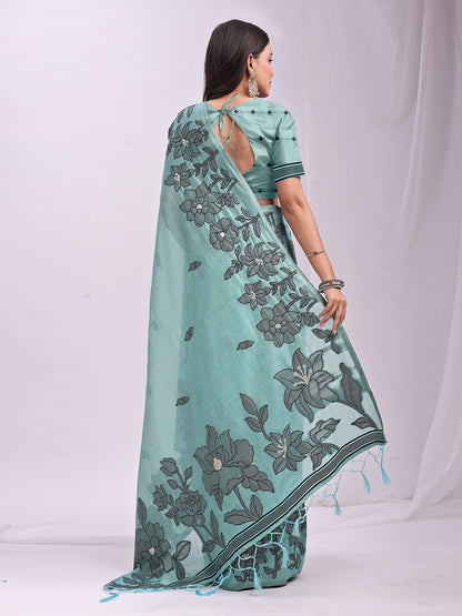 SUTRITI Sky Blue Floral Printed Saree for Women | Soft Lightweight Day-to-Night Saree | Elegant Border & Pallu Floral Design | Includes Unstitched Blouse Piece