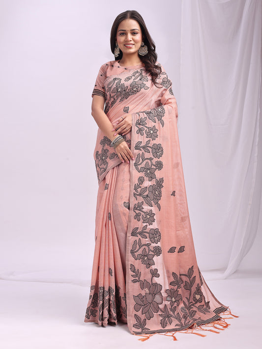 SUTRITI Light PinkFloral Printed Saree for Women | Soft Lightweight Day-to-Night Saree | Elegant Border & Pallu Floral Design | Includes Unstitched Blouse Piece