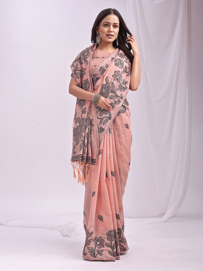 SUTRITI Light PinkFloral Printed Saree for Women | Soft Lightweight Day-to-Night Saree | Elegant Border & Pallu Floral Design | Includes Unstitched Blouse Piece