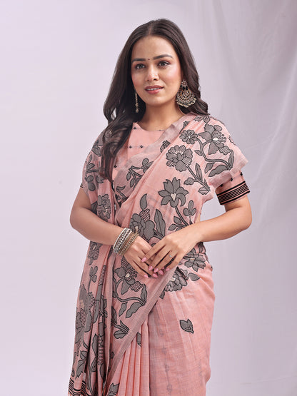 SUTRITI Light PinkFloral Printed Saree for Women | Soft Lightweight Day-to-Night Saree | Elegant Border & Pallu Floral Design | Includes Unstitched Blouse Piece