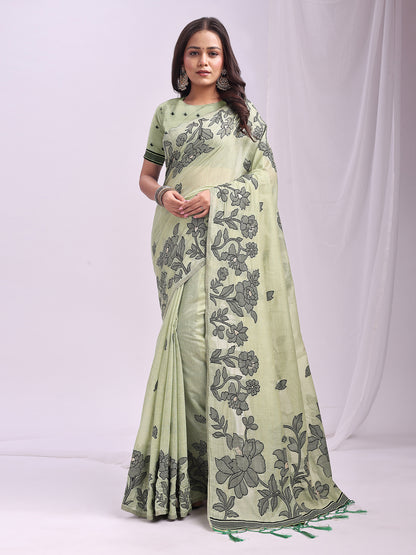 SUTRITI Mint Green Floral Printed Saree for Women | Soft Lightweight Day-to-Night Saree | Elegant Border & Pallu Floral Design | Includes Unstitched Blouse Piece