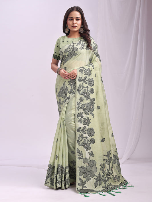 SUTRITI Mint Green Floral Printed Saree for Women | Soft Lightweight Day-to-Night Saree | Elegant Border & Pallu Floral Design | Includes Unstitched Blouse Piece